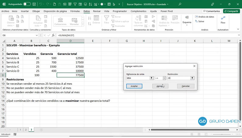Agregar restricción Solver de Excel