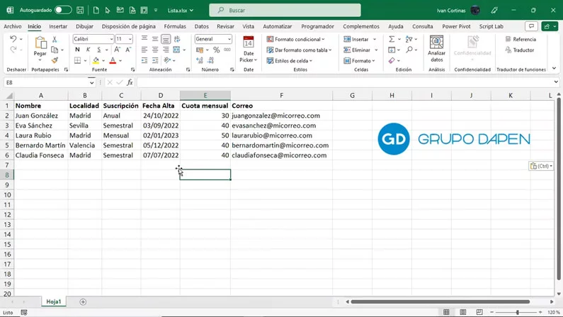Documento en Excel utilizado para combinar correspondencia en Word