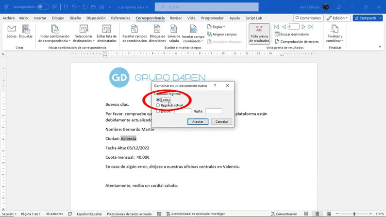 Finalizar y combinar correspondencia Word