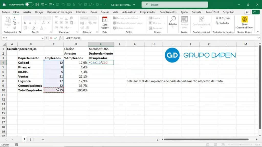 Fórmula de Microsoft 365 para calcular un porcentaje en Excel
