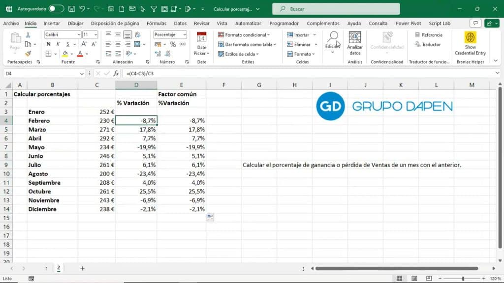 Resultado final porcentaje de ventas en Excel