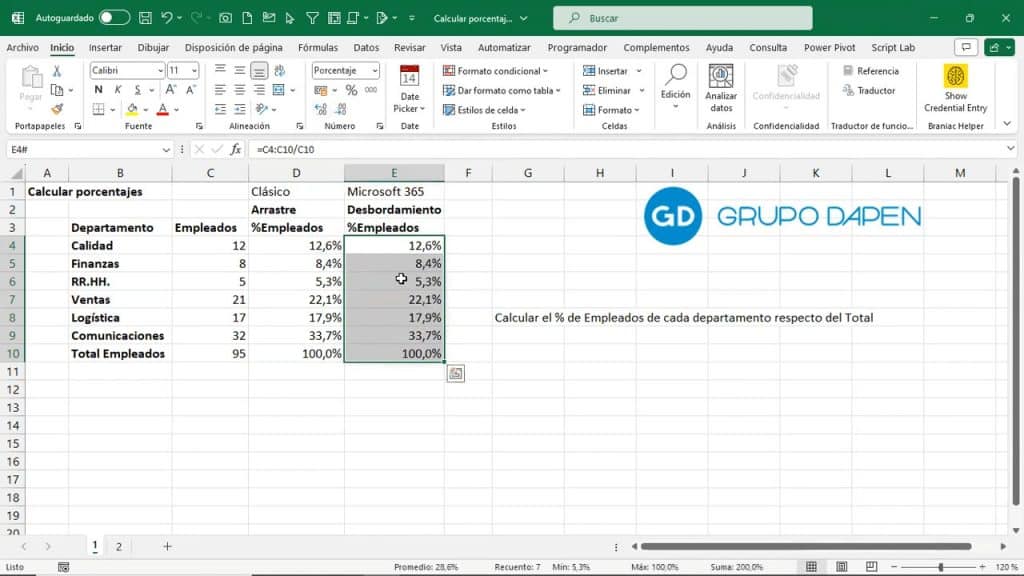 Resultado Microsoft 365 cálculo de un porcentaje en Excel