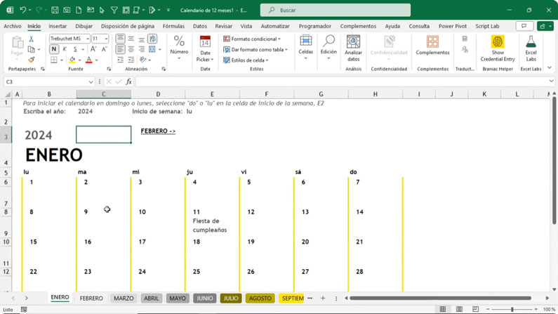 Hoja independiente mes calendario de Excel