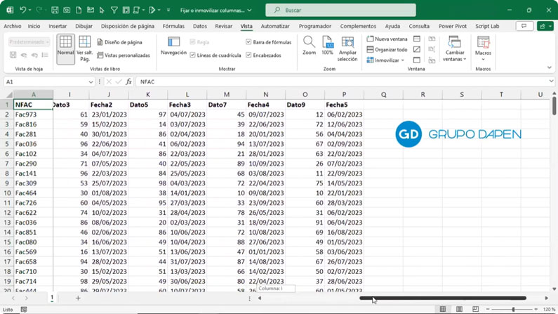 Resultado de inmovilizar una columna en Excel