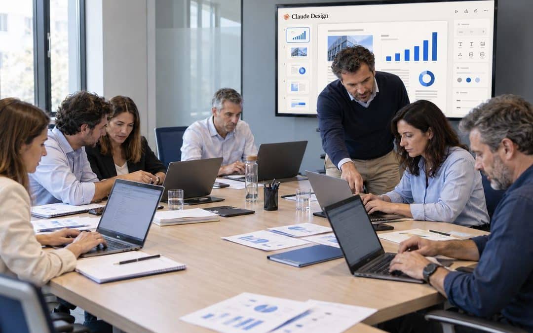 Equipo de empresa trabajando con Claude Design en una sesión de formación de Claude para empresas